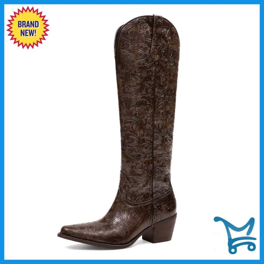 Knee High Cowboy Boots with Floral Embossed Design and Chunky Heel